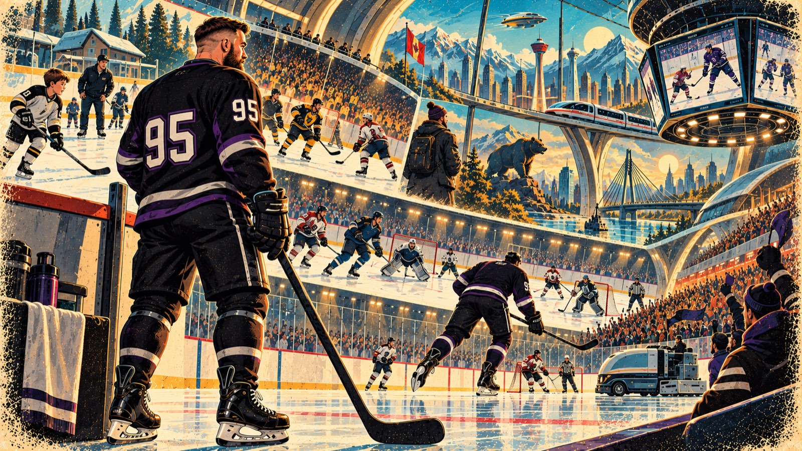 Retro-futurist painting: a montage of a hockey life — a kid at the rink, a packed arena, a Calgary skyline and a number 95 jersey
